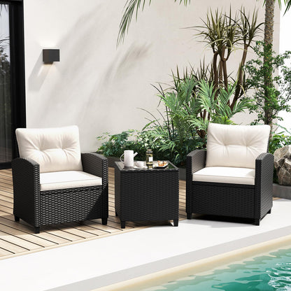 Tangkula 3 Piece Patio Furniture Set, Rattan Conversation Set w/Soft Seat & Back Cushions, Tempered Glass Topped Coffee Table, Cushioned Wicker Seating Set for Backyard, Porch, Poolside (Off White)