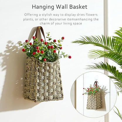 Wall Hanging Pocket Basket Portable Seagrass Storage Basket Decorative Boho Mounted Organizer Dried Flower Plants Front Door Basket for Garden Farmhouse Home