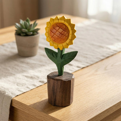 WOODEN ISLANDS Hand-Carved Wooden Sunflower Figurine, 5-Inch Solid Wood Flower Statue for Rustic Farmhouse Home Shelf Decor & Office Desk Accessories, Includes Gift Box Packaging