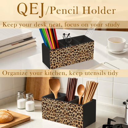 QEJ Leopard Print Pen Holder for Desk, Cheetah Print Room Decor, Cheetah Animal Wooden Box Pencil Pen Organizer for Home Office Desk Tabletop