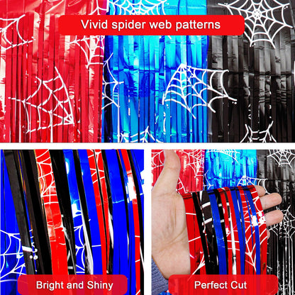 Spider Birthday Party Decoration, including 2Pack Spider-web Printing Foil Fringe Curtains, 1pack Spider Themed Birthday Banner & Balloons for Spide-party Photo Booth Props Streamers Backdrop Decor