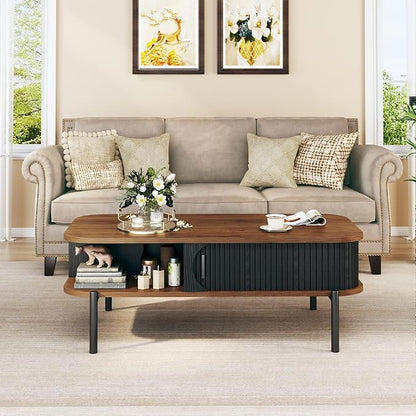 Coffee Table, 39.4" Mid Century Modern Coffee Tables for Living Room, Coffee Table with Storage Open Shelf, Fluted Table with Sliding Cabinet Door, 2-Tier Rustic Wood Desktop, Black & Walnut