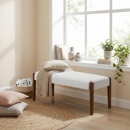 Usaint 42" End of Bed Bench, Modern Upholstered Bedroom Bench with Rubberwood Legs, Entryway Bench with Cushion, Dining Bench for Living Room, Bedroom, Heathered Off-White with Walnut Leg