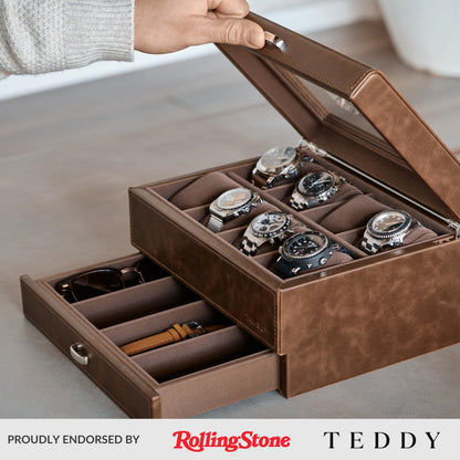 TAWBURY 8 Slot Watch Box with Storage Drawer – Premium Watch Storage Case for Men | 2.2-inch Wide Pillows Hold Small & Ovesized Watches (Brown)