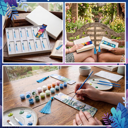Kosiz 12 Pcs Night Landscape Paint by Numbers Kit for Adults Wood Bookmark Painting Decor Mini Paint by Numbers Kit Tassels Blank Bookmarks Craft for Small DIY Book Lovers Gift 7x2 ''