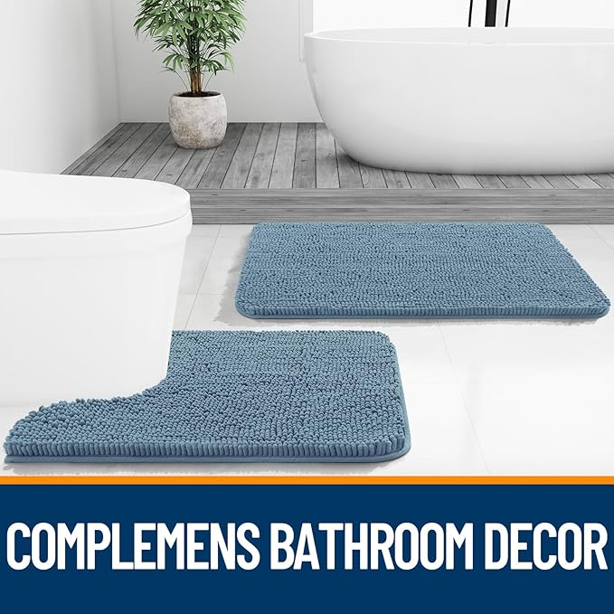 OLANLY Bathroom Runner Rugs 47x17, Soft Absorbent Chenille Bath Rugs, Rubber Backing Quick Dry, Machine Washable Long Bath Mats for Bathroom Floor, Tub and Shower, Home Decor Accessories, Airy Blue