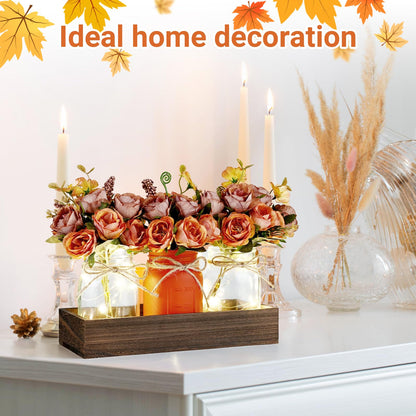 VAIPI Fall Decor Mason Jar Centerpiece Table Decorations with 3 Jar Flowers String Lights and Wooden Tray Fall Decorations for Home Dining Room Farmhouse Autumn Wedding Kitchen Living Room Bathroom