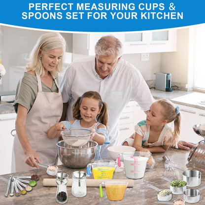 Measuring Cups and Spoons Set 21 Piece, 11 Stainless Steel Nesting Measuring Spoons and Cups with 3 Plastic Measuring Cup, 3 Funnel, 3 Brush, 1 Ruler, Measuring Cup Set for Kitchen Baking Liquid Dry