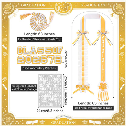 Spakon Graduation Money Lei with Cash Holder, 48 Inch 2026 Graduation Ribbon Lei with Honor Cord 2026 Grad Braided Necklace for DIY Women Men College Party Decor Supplies Grad Cash Gift(White, Gold)