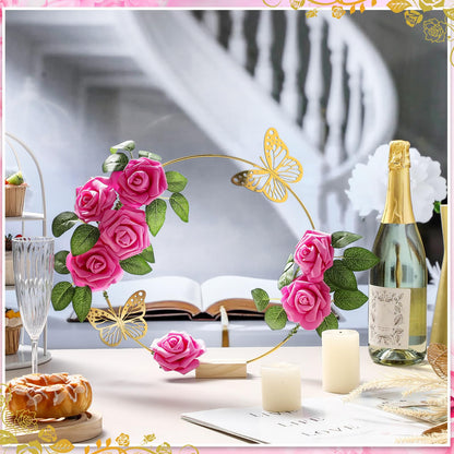 Suncalla 6 Pack Floral Hoop Centerpieces Table Decorations Kit Include 6 Metal Wreath Ring with 6 Wood Base 50 Rose Flower 12 Faux Butterfly for DIY Home Wedding Table Decor (Gold Hoop, Fuchsia Rose)