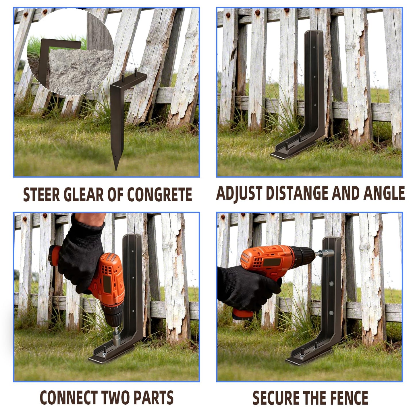 K.D STONEDGE Pack of 4 Adjustable Fence Post Repair Kit Quick Fix Rotted Tilted Broken Leaning Wood Posts Support Easy Solution Heavy Duty Steel Wooden Fence Post Anchor Stakes