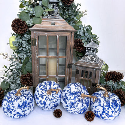 Winlyn 4 Pcs Faux Decorative Blue and White Fabric Pumpkins Chinoiserie Chic Pumpkins Foam Pumpkins for Gifts Farmhouse Thanksgiving Halloween Fall Wedding Table Centerpiece Mantel Bowl Decorations