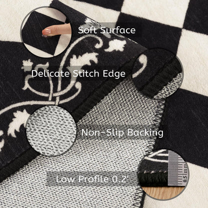 Zealude Moroccan Trellis Black and White Runner Rug 2.5x8 Washable Carpet Runners for Hallway 8ft, Soft Low Pile Checkered Bathroom Rug Gingham Print Kitchen Mordern Plaid Carpet for Bedsides Laundry