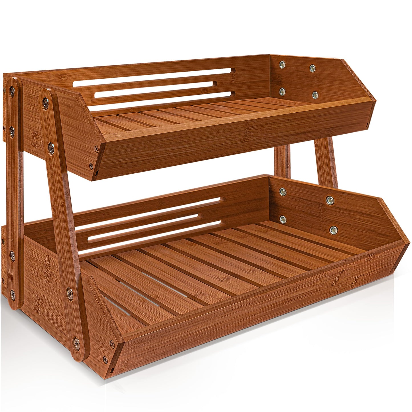 [Upgraded Length] 16.5-Inch Fruit Stand Storage Holder with 4 Sturdier Legs, 2-Tier Fruit Basket , Bamboo Fruit Bowl Holder for Fruit,Vegetables, Snacks, Home Kitchen Countertop Organizer (Walnut)