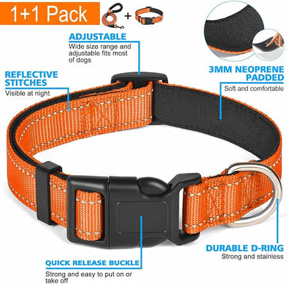 Ladoogo Reflective Dog Collar Padded with Soft Neoprene Breathable Adjustable Nylon Dog Collars for Small Medium Large Dogs (Medium (Pack of 1), Orange Collar+Leash)