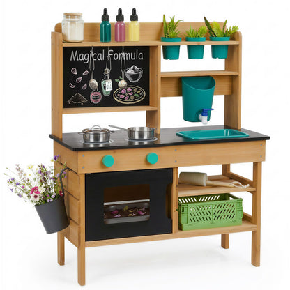 Mud Kitchen for Kids Outdoor, Wooden Play Kitchen with Real Working Faucet & Water Tank, Sensory Montessori Kitchen Playset with Sink, Chalkboard, Pots & Pans for Toddlers & Kids Ages 3+