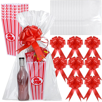 Engrowtic 6 Pack Movie Night Gifts Baskets Plastic Popcorn Box Containers with Bags and Bows for Holiday Movie Lover Wedding Birthday Party Favors DIY Kits