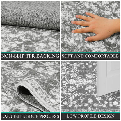 Pauwer Vintage Flower 2'X6' Runner Rug Distressed Runner Rug Non Slip Hallway Runner Washable for Kitchen Living Room Bedroom Entryways Hallways (Grey, 2'X6' Ft)