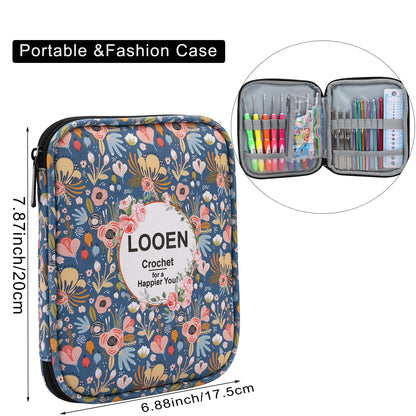 Looen Crochet Hooks Set-Yarn Needles Coloured Aluminum with Storage Case Rubbery Handle Ergonomic Comfort Grip DIY Craft Handmake Kit 64pcs