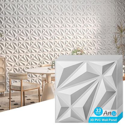 Art3d 33-Pack 3D Wall Panel for Interior Wall Décor, Diamond Textured PVC Accent Wall Paneling for Living Room Bedroom Office TV Wall Background, 11.8"x11.8" Cover 32.Sq.Ft., White