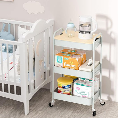 TOOLF 3-Tier Rolling Cart with Table Top, Metal Storage Cart on Wheels, Utility Organizer with Wooden Tray, Lockable Casters, Easy Assembly for Bathroom, Bedroom, Baby Room, Kitchen, Green