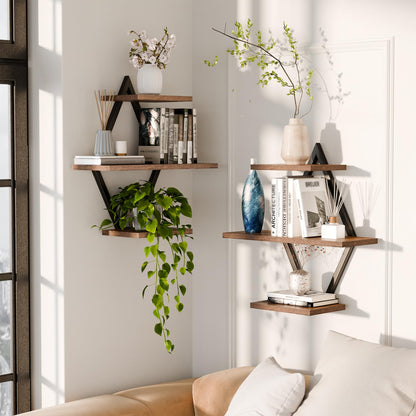 iFaveorr Floating Shelves, Wall Shelf Set of 2, Wall Mounted Shelves, 3-Tier Hanging Wall Shelves for Bathroom, Living Room, Bedroom, Kitchen, Office (Rustic Brown)