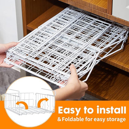 Hanging Under Shelf Storage Basket, 2 Pack Foldable Under Cabinet Metal Desk