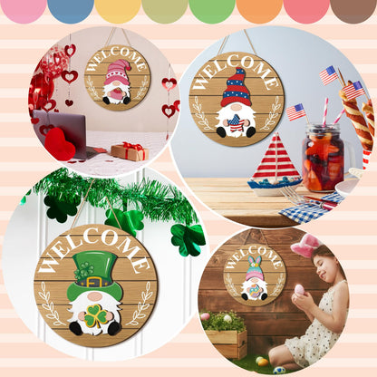 Qunclay Woodland Seasonal Interchangeable Wooden Gnome Decor Summer Christmas in July Gnome Decorations with Magnet Pieces and Detachable Hats Hanging Welcome Sign