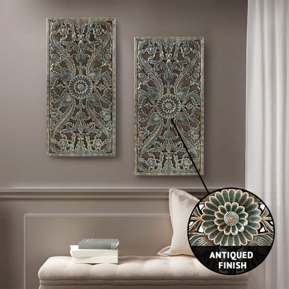 Madison Park Carved Wood Wall Art 2 Piece, Floral Wooden Carving Wall Decor, Blue Wall Art Living Room Bedroom, Copper Embellished Boho, Ready to Hang, 15.75"W x 31.5"L, Patina Blue