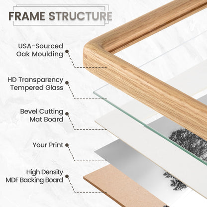 FLYJOE 11x14 Picture Frame, Natural Solid OAK Wood Photo Frame with HD Tempered Glass, Rounded Corner Frame 11 x 14 Matted to 8x10, Gallery Wall Frames for Art, Horizontal or Vertical Wall Mounting