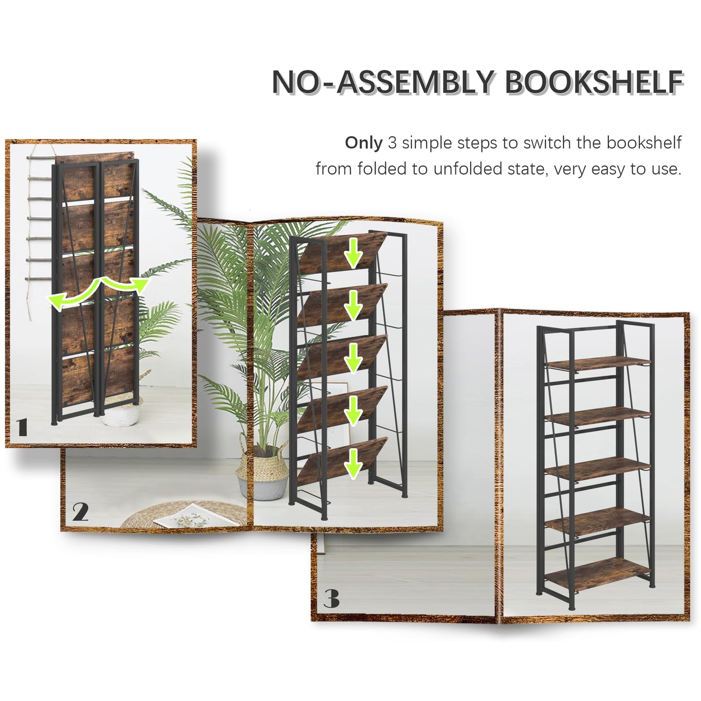 4NM No Assembly Folding Bookshelf, 5-Shelf 62.2" H Collapsible Foldable Bookcase Storage for Small Spaces, Rustic Brown and Black