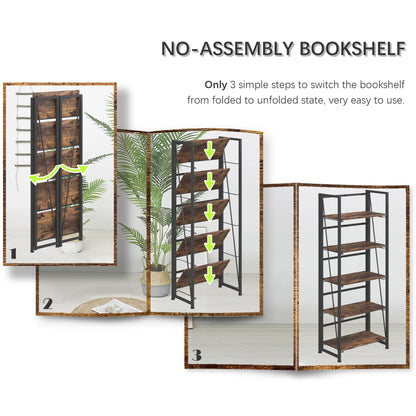 4NM No Assembly Folding Bookshelf, 5-Shelf 62.2" H Collapsible Foldable Bookcase Storage for Small Spaces, Rustic Brown and Black