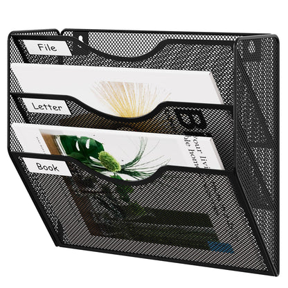 EasyPAG 3 Pocket Mesh Wall File Organizer, Hanging Paper Folder Holder with Classify Label, Vertical Wall Mount Mail Organizer for Office Home Classroom, Black