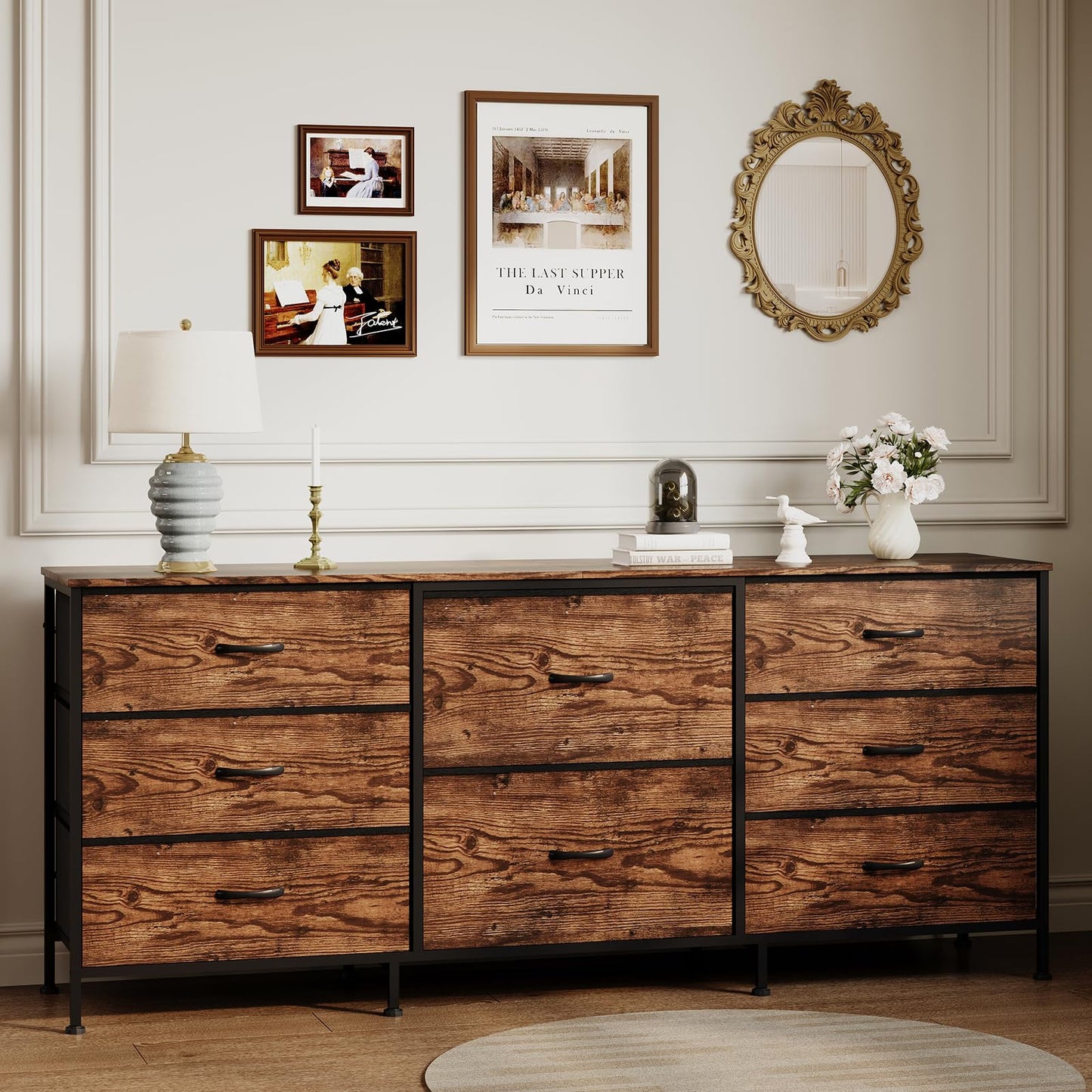 Garvee 8 Drawer Fabric Dresser TV Stand with Wooden Top, Metal Frame Storage Chest, Wide Closet Organizer for Bedroom Living Room Hallway, Natural Wood, 62.99 x 26.77 x 13.79 Inches