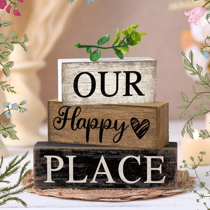 Briwooody 4 Pcs Farmhouse Wooden Table Decor Reversible Sweet Home Tiered Tray Decor Rustic Eucalyptus Leaves Wood Block Sign Gifts for Home Table Kitchen Shelf Fireplace Mantel Decoration
