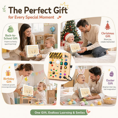 Joyreal Busy Board for Toddlers 1-3 - Montessori Toys for 1 2 3 Year Old, Wooden Sensory Activity Board with 10 Switches&19 Lights, Ideal Educational Travel Toy Gift for 1+ Year Old Boy&Girl Birthday