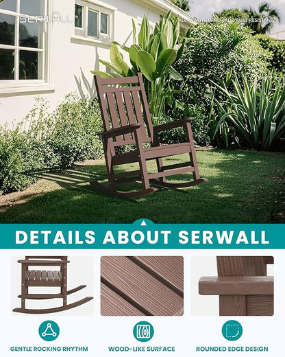 SERWALL Oversized Outdoor Rocking Chair Set of 4, HDPE Rocker for Adults, Patio Rocking Chairs for Porch, Brown