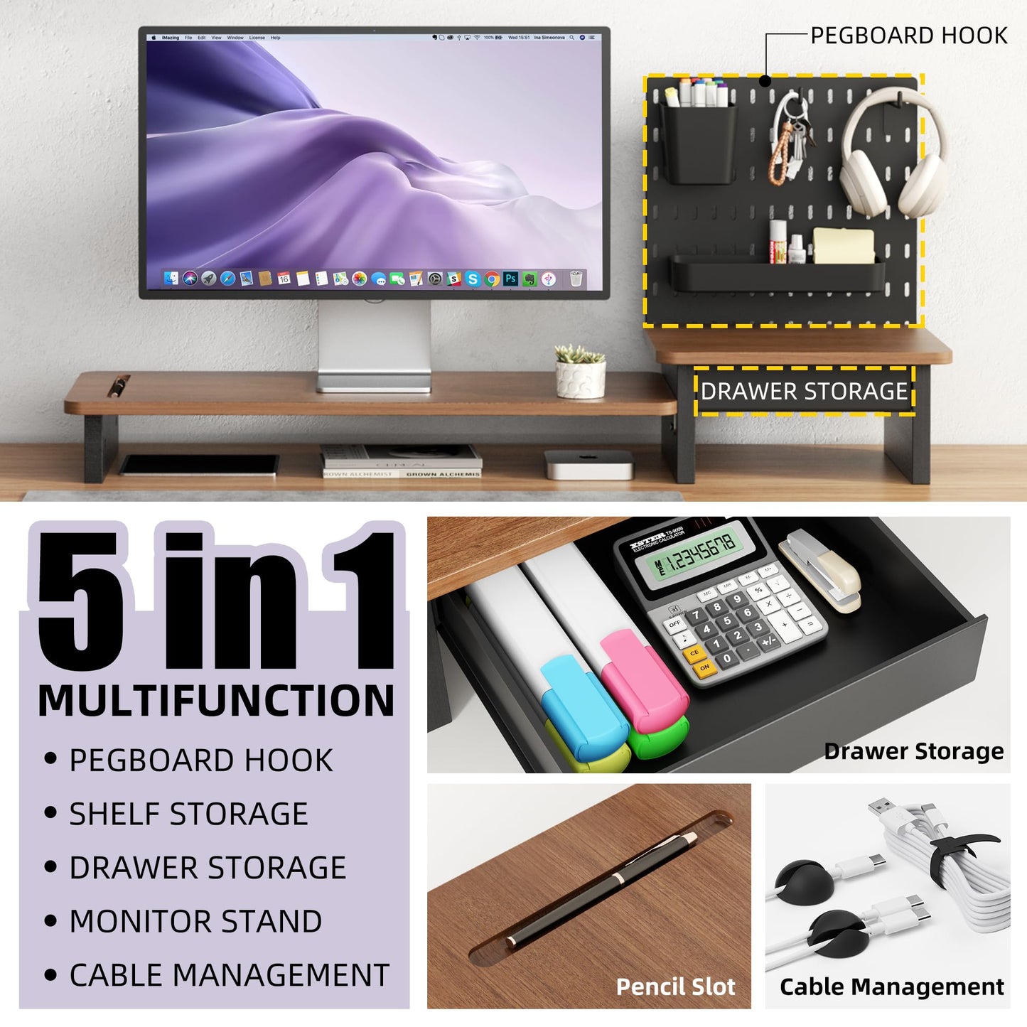 AFOOYO Monitor Stand Riser,Computer Monitor Stand with DIY Pegboard and drawer for Laptop,PC,Computer,Printer,Walnut Finish