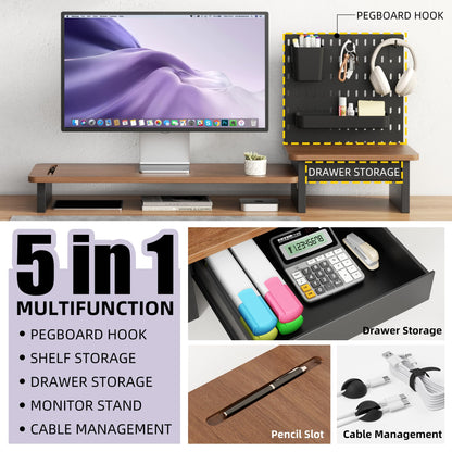 AFOOYO Monitor Stand Riser,Computer Monitor Stand with DIY Pegboard and drawer for Laptop,PC,Computer,Printer,Walnut Finish