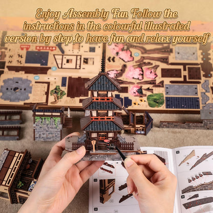 Cutefun Book Nook Kit - DIY Miniature Kyoto House Kit, 3D Wooden Puzzle 400+ Pcs Japanese Bookshelf Decor Bookend with LED, Fold-Out Cherry Blossom Alley Insert for Adults (Twilight Sakura Path)