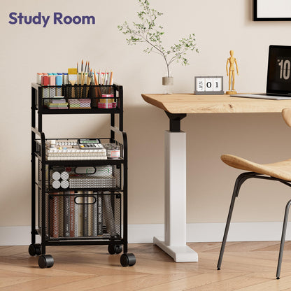 SWTYMIKI Rolling Cart with Drawers - Metal Craft Cart with Wheels, DIY Divider and Wood Shelf, Art Supply Organizer for Under Desk Storage, Utility Storage Cart for Home Office Studio, Black