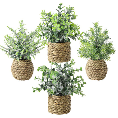 Small Fake Potted Plants: 7 Inches Artificial Plants with Seagrass Handwoven Planters, Indoor Farmhouse Spring Decorations, Eucalyptus Plant for Home Bathroom Office Shelf Tabletop Desk Room Decor