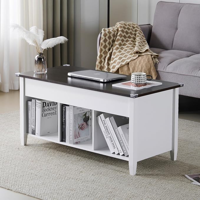 VINGLI Lift Top Coffee Table with Hidden Storage, 39" Wood Coffee Table with Lifting Tabletop, 3 Open Shelves, Center Table for Living Room, Home Office, White & Dark Brown
