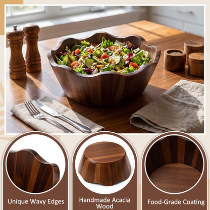 Hushee 3 Pcs Acacia Wooden Salad Bowls Set, 8/10/12 Inch Decorative Scalloped Salad Bowls, Large Wood Serving Mixing Bowl for Fruit, Pasta, Snacks, Weddings, Natural Housewarmings Gifts