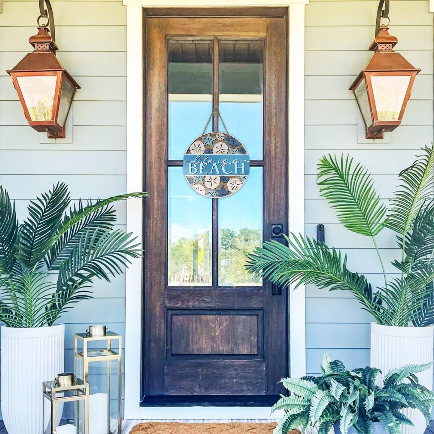 Bolisom Summer Life is a Beach Blue Front Door Sign, Coastal Starfish Shell Wood Hanger Outdoor Outside Beach House Porch Home Decor, Farmhouse Wooden Wreath Indoor Wall Hanging Decoration