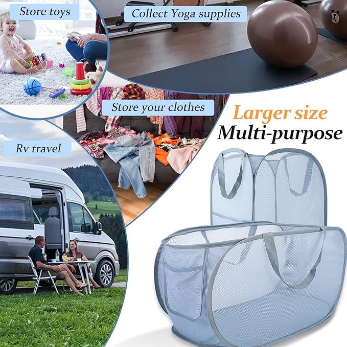Extra Large Mesh Pop Up Laundry Hamper 2 Pack, 100L Foldable Laundry Baskets