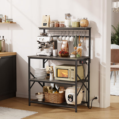 Furologee Kitchen Bakers Rack with Power Outlet, Microwave Oven Stand with Storage 4 Tiers, Coffee Bar Table with 6 S Hooks, Kitchen Storage Shelf Rack for Spices, Pots, Rustic Brown