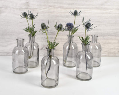 Bud Vases, Apothecary Jars, Decorative Glass Bottles, Centerpiece for Wedding Reception, Elegant Antique Decoration, Mini Flower Vases, Small Medicine Bottles for Home Decor (Smoke Gray, Set of 6)
