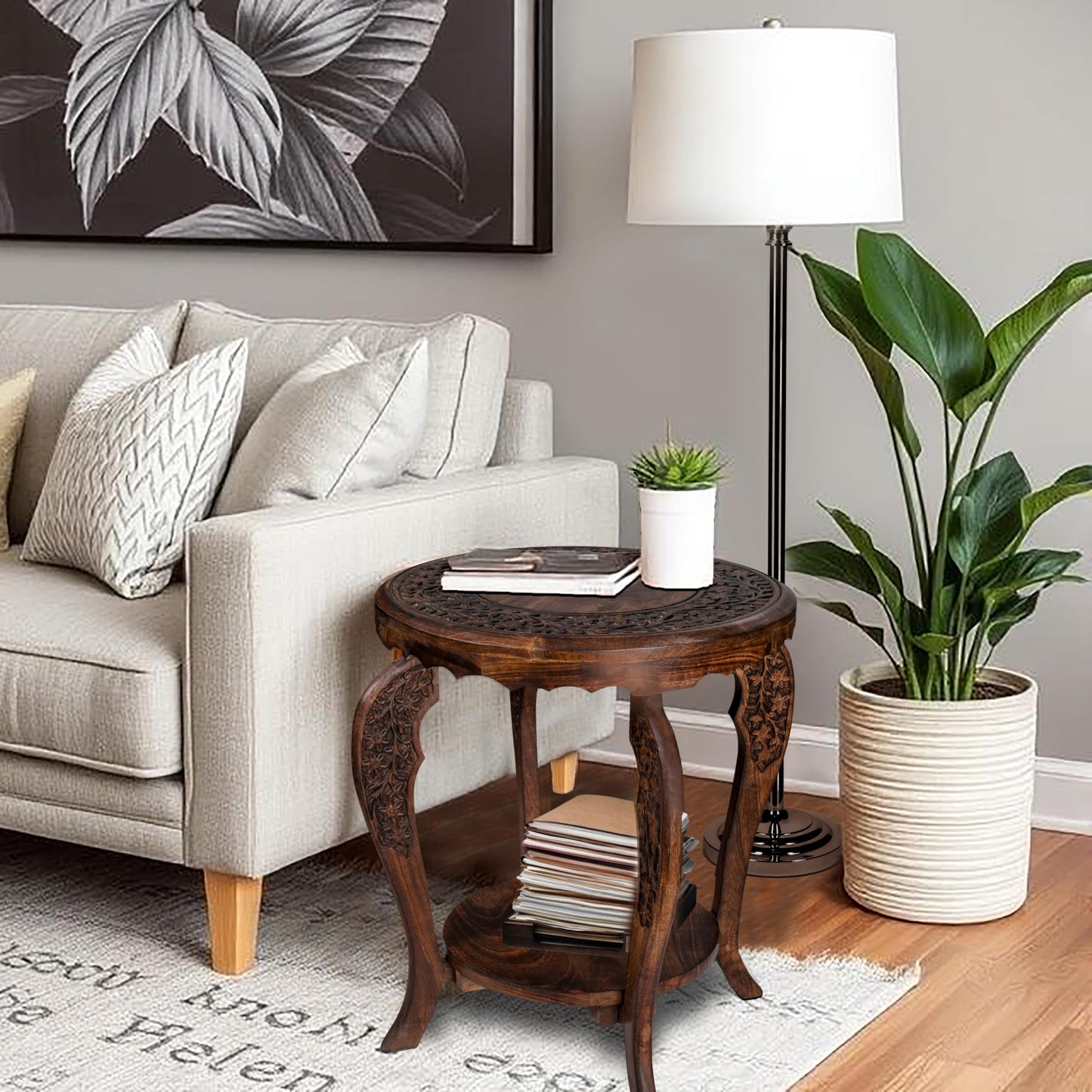 The Wooden Town Farmhouse Round Accent End Table,Rustic Side Table Nightstands for Living Room Bedroom,Coffee Tables,Wood Tray Top,Handcrafted Finish, 18"x22" - Burnt