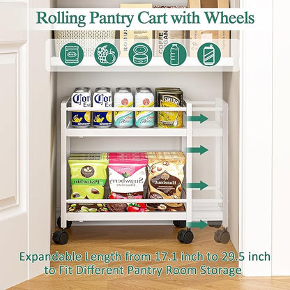 2 Pack 2-Tier Expandable Rolling Pantry Cart with Wheels, Adjustable Floor Organizer for Kitchen Pantry, Can Organizer for Pantry, Storage Cart for Snack, Food, Vegetables, White, Patent Pending